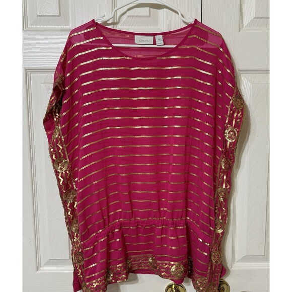 Chico's Blouse Pink Sheer Gold Sparkle Peplum Hem Top Size 3 - Picture 1 of 5